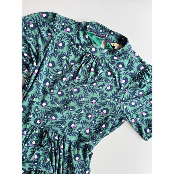 BODEN Flora Green Navy Floral Jersey Belted Puff Sleeve Midi Dress, Size 12 - Picture 7 of 15